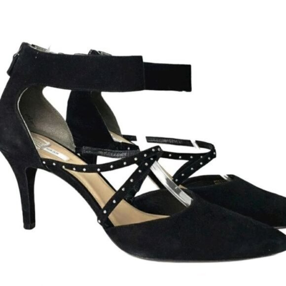 Cole Haan Black Suede Heels Stud Detail Size 10B Ankle Strap Cocktail Wedding - Picture 1 of 15